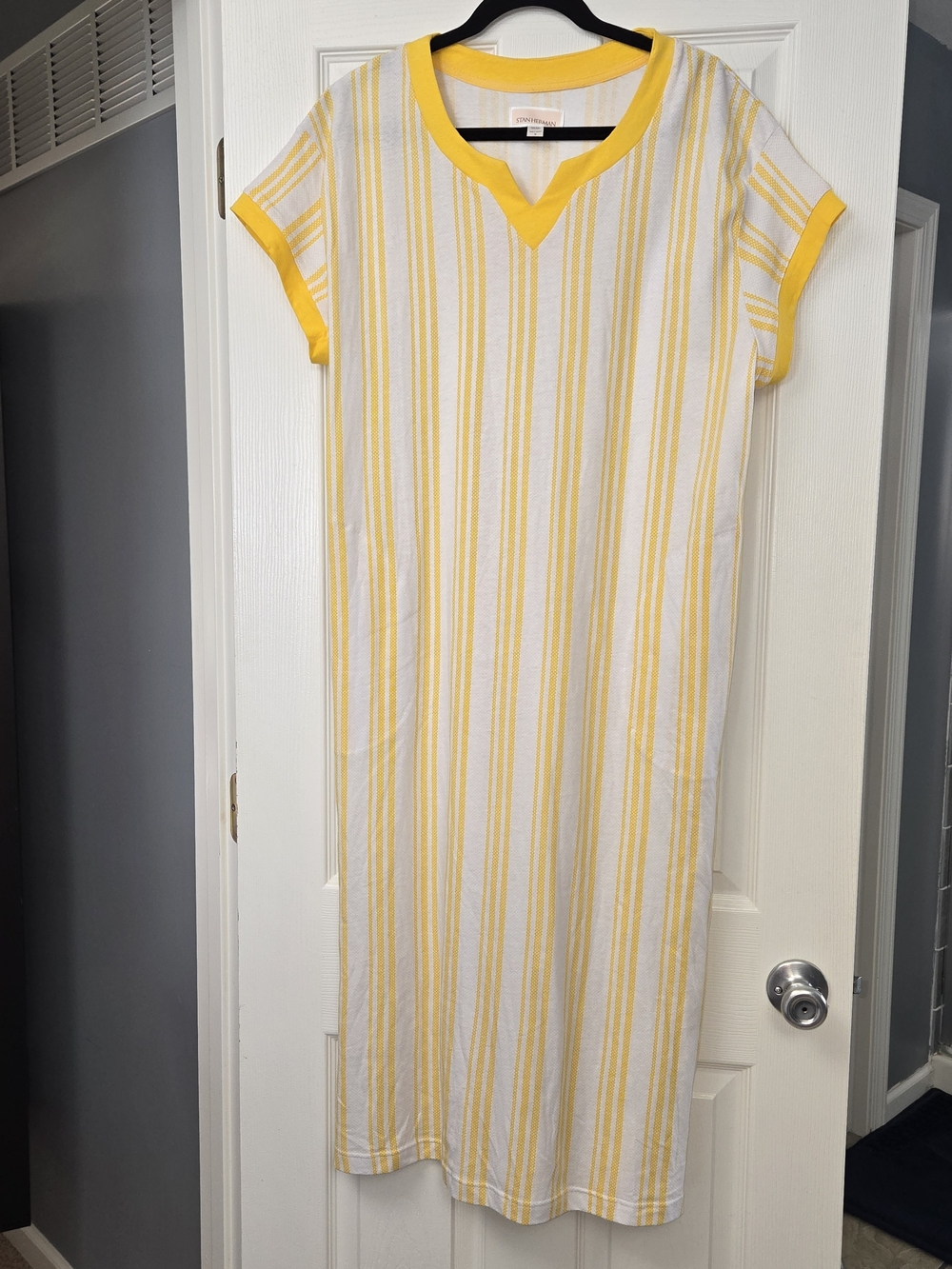 Stan Herman Small Yellow Cabana Striped 100% Cotton Caftan Patio Lounger Dress